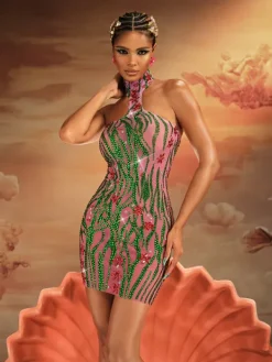 Embellishment|Dresses*Embellishment Jannik Halterneck Embellished Mesh Mini Dress