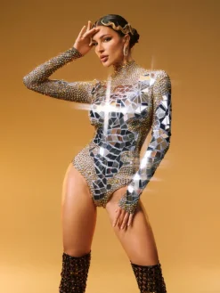 Bodysuits|Tops*W Jia Jase Long Sleeve Acrylic Embellished Bodysuit In Gold