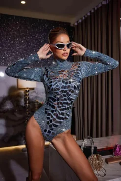 Bodysuits|Tops*Embellishment Jase Long Sleeve Acrylic Embellished Bodysuit