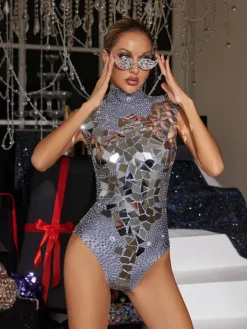 Bodysuits|Tops*W Jia Jase Sleeveless Acrylic Embellished Bodysuit
