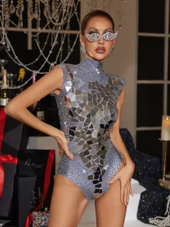 Bodysuits|Tops*W Jia Jase Sleeveless Acrylic Embellished Bodysuit