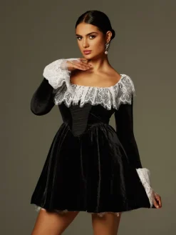 Dresses|Mini Dresses*Mew Mews Fashion Jaxon Lace Trimmed Velvet Mini Dress