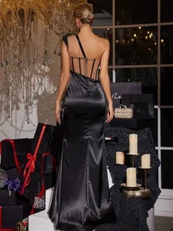 Embellishment|Dresses*Lu Yili Jenta One Shoulder Corset Ruched Maxi Dress