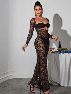 Dresses|Maxi Dresses*Mew Mews Fashion Jerryl Long Sleeve Cutout Lace Maxi Dress In Black