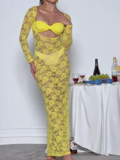 Dresses|Maxi Dresses*Mew Mews Fashion Jerryl Long Sleeve Cutout Lace Maxi Dress In Yellow