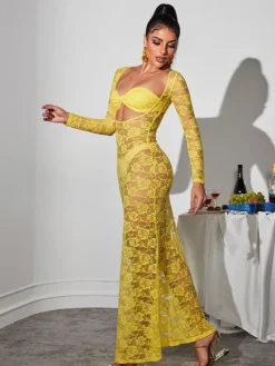 Dresses|Maxi Dresses*Mew Mews Fashion Jerryl Long Sleeve Cutout Lace Maxi Dress In Yellow