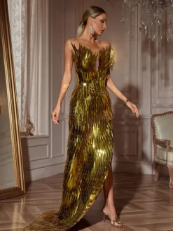 Embellishment|Dresses*Embellishment Jimmie Metal Feather Dress In Gold