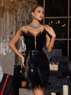 Embellishment|Dresses*Embellishment Jimmie Metal Feather Mini Dress In Black