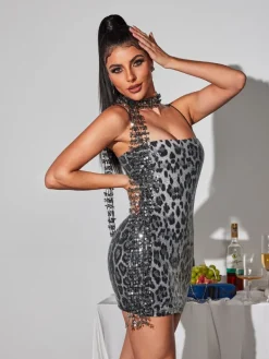 Dresses|Mini Dresses*Mew Mews Fashion Joycelynn Spaghetti Leopard Sequin Mini Dress In Grey
