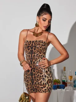 Dresses|Mini Dresses*Mew Mews Fashion Joycelynn Spaghetti Leopard Sequin Mini Dress In Brown