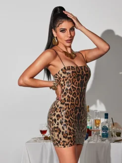 Dresses|Mini Dresses*Mew Mews Fashion Joycelynn Spaghetti Leopard Sequin Mini Dress In Brown
