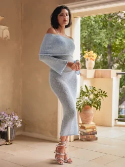 Dresses|Maxi Dresses*Mew Mews Fashion Juliea Off Shoulder Knitted Maxi Dress In Blue