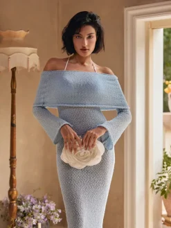 Dresses|Maxi Dresses*Mew Mews Fashion Juliea Off Shoulder Knitted Maxi Dress In Blue