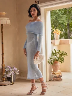 Dresses|Maxi Dresses*Mew Mews Fashion Juliea Off Shoulder Knitted Maxi Dress In Blue