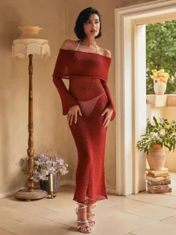 Dresses|Maxi Dresses*Mew Mews Fashion Juliea Off Shoulder Knitted Maxi Dress In Red