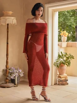 Dresses|Maxi Dresses*Mew Mews Fashion Juliea Off Shoulder Knitted Maxi Dress In Red