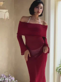 Dresses|Maxi Dresses*Mew Mews Fashion Juliea Off Shoulder Knitted Maxi Dress In Red