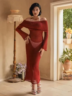 Dresses|Maxi Dresses*Mew Mews Fashion Juliea Off Shoulder Knitted Maxi Dress In Red