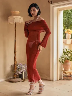 Dresses|Maxi Dresses*Mew Mews Fashion Juliea Off Shoulder Knitted Maxi Dress In Red
