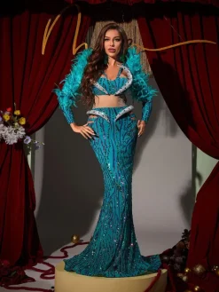 Embellishment|Dresses*Lu Yili Jurin Snake Rhinestone Feather Maxi Dress
