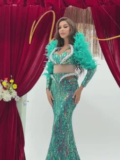 Embellishment|Dresses*Lu Yili Jurin Snake Rhinestone Feather Maxi Dress