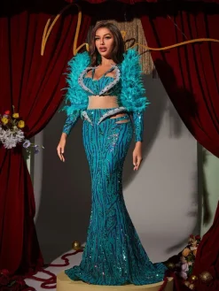 Embellishment|Dresses*Lu Yili Jurin Snake Rhinestone Feather Maxi Dress