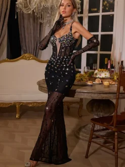 Embellishment|Dresses*Lu Yili Jyler Spaghetti Rhinestone Mesh Maxi Dress
