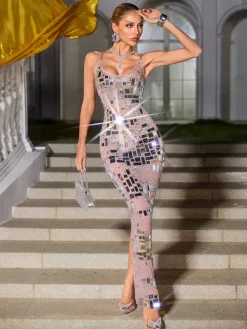 Embellishment|Dresses*Embellishment Jynvira Spaghetti Rhinestone Acrylic Mesh Maxi Dress