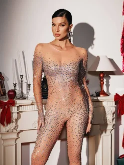 Jumpsuits & Romper*Jiu Bajia O/S Kabir Rhinestone Mesh Jumpsuit In Silver