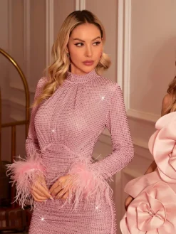 Dresses|Mini Dresses*Mew Mews Fashion Kace Long Sleeve Rhinestone Ruched Mini Dress