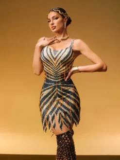 Dresses|Mini Dresses*W Jia O/S Kairos Spaghetti Rhinestone Fringe Mini Dress