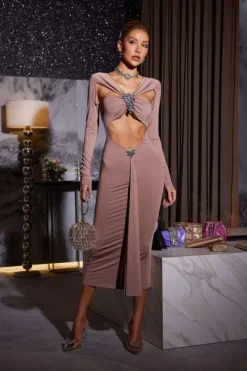 Dresses|Midi Dresses*Mew Mews Fashion Kaison Long Sleeve Crystal Cutout Midi Dress