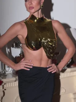 Armor Tops|Tops*Mew Mews Fashion O/S Kari Sleeveless Drapery Armor Top In Gold