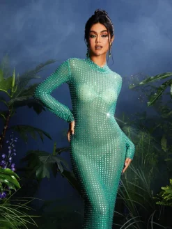 Embellishment|Dresses*Embellishment Karter Diamond Mesh Maxi Dress In Green