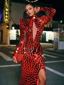 Embellishment|Dresses*Embellishment Kellan Long Sleeve Embellished Split Maxi Dress In Red