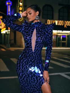 Embellishment|Dresses*Embellishment Kellan Long Sleeve Embellished Split Maxi Dress In Blue