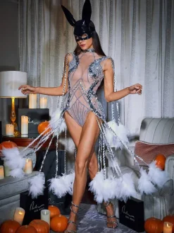 Bodysuits|Tops*Embellishment O/S Kent Sequin Fringe Mesh Bodysuit
