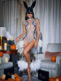 Bodysuits|Tops*Embellishment O/S Kent Sequin Fringe Mesh Bodysuit
