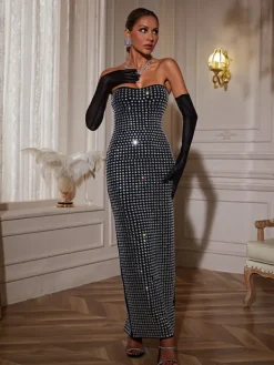 Embellishment|Dresses*Embellishment Khy Rhinestone Bandage Maxi Dress With Gloves