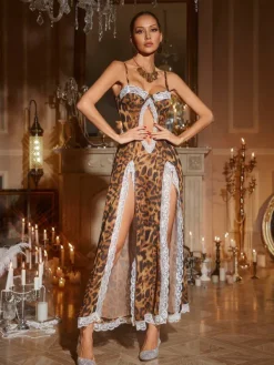 Dresses|Maxi Dresses*Mew Mews Fashion Kiran Leopard Lace Split Maxi Dress