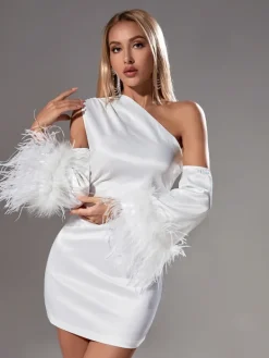Dresses|Mini Dresses*Mew Mews Fashion Klara Satin Feather Trimmed Mini Dress In White