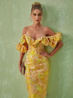 Dresses|Midi Dresses*Mew Mews Fashion Kore Off Shoulder Jacquard Midi Dress