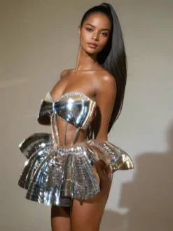 Sets & Co-ords|Embellishment*Embellishment Kretska Crystal Metallic Skirt Set In Silver
