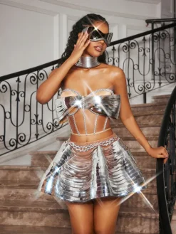 Sets & Co-ords|Embellishment*Embellishment Kretska Crystal Metallic Skirt Set In Silver