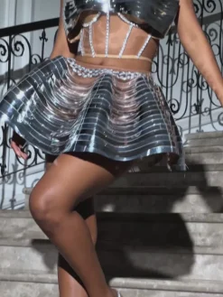 Sets & Co-ords|Embellishment*Embellishment Kretska Crystal Metallic Skirt Set In Silver