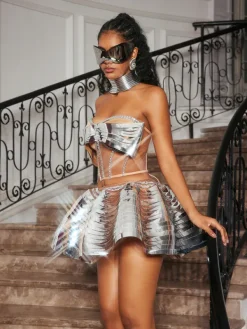 Sets & Co-ords|Embellishment*Embellishment Kretska Crystal Metallic Skirt Set In Silver
