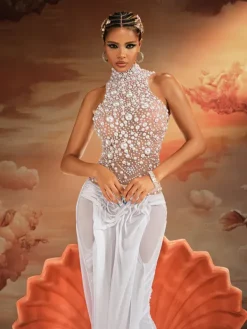 Tops|Embellishment*Embellishment Kunigunde High Neck Lace Up Pearl Mesh Top