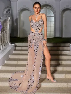 Dresses|Maxi Dresses*W Jia Kyrissa Strapless Embellished Split Mesh Maxi Dress