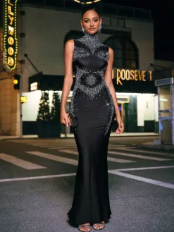 Embellishment|Dresses*Embellishment Lacinda High Neck Rhinestone Maxi Dress