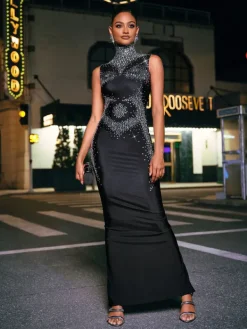 Embellishment|Dresses*Embellishment Lacinda High Neck Rhinestone Maxi Dress